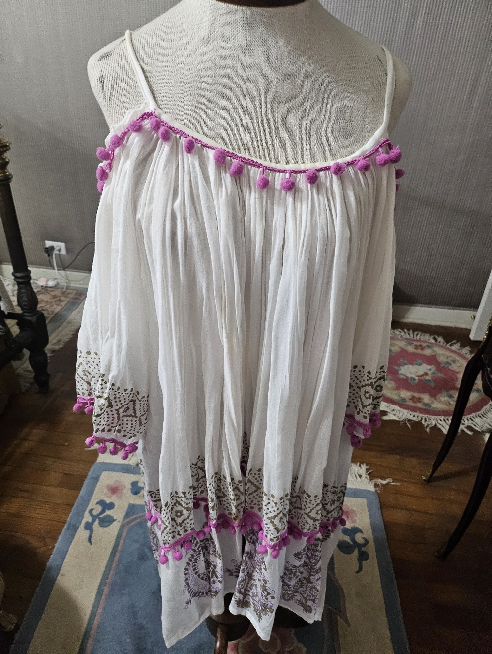 White Boho Pom-Pom Spaghetti Strap Dress with Pink Trim. One Size